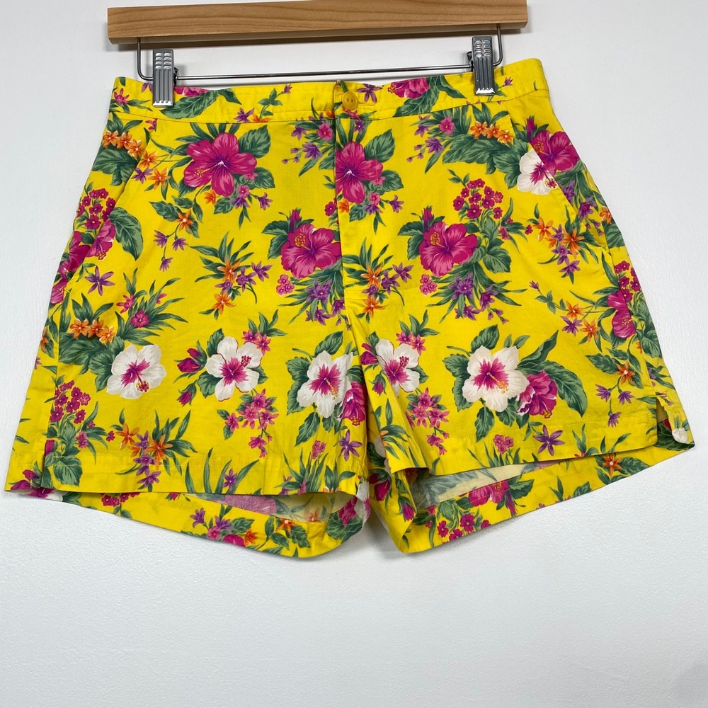 Ralph Lauren Womens Shorts Size 8 Yellow Floral Tropical Cotton Stretch Hibiscus